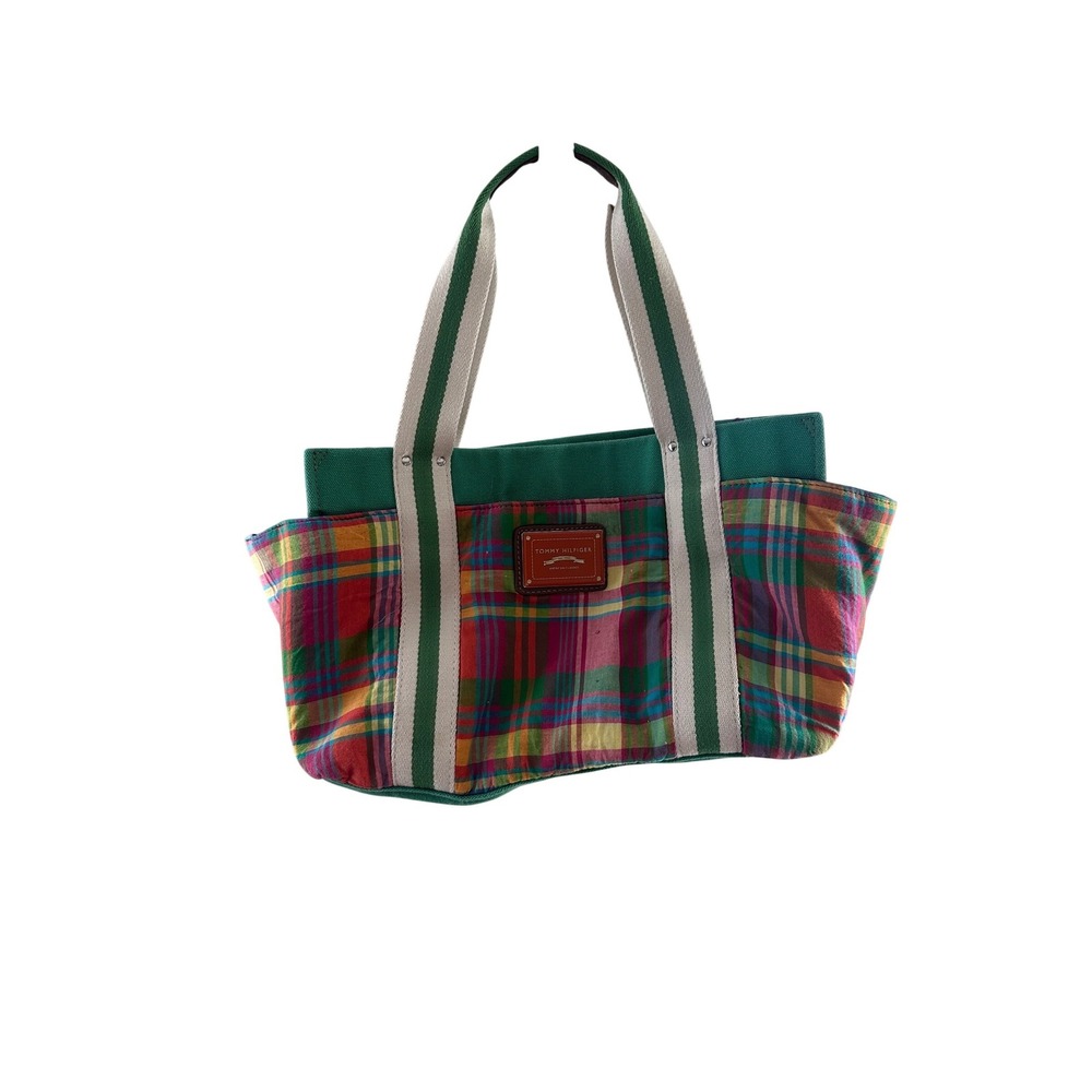 Tommy Hilfiger Plaid Canvas vintage Tote Bag Green Multicolor American Classics‎
